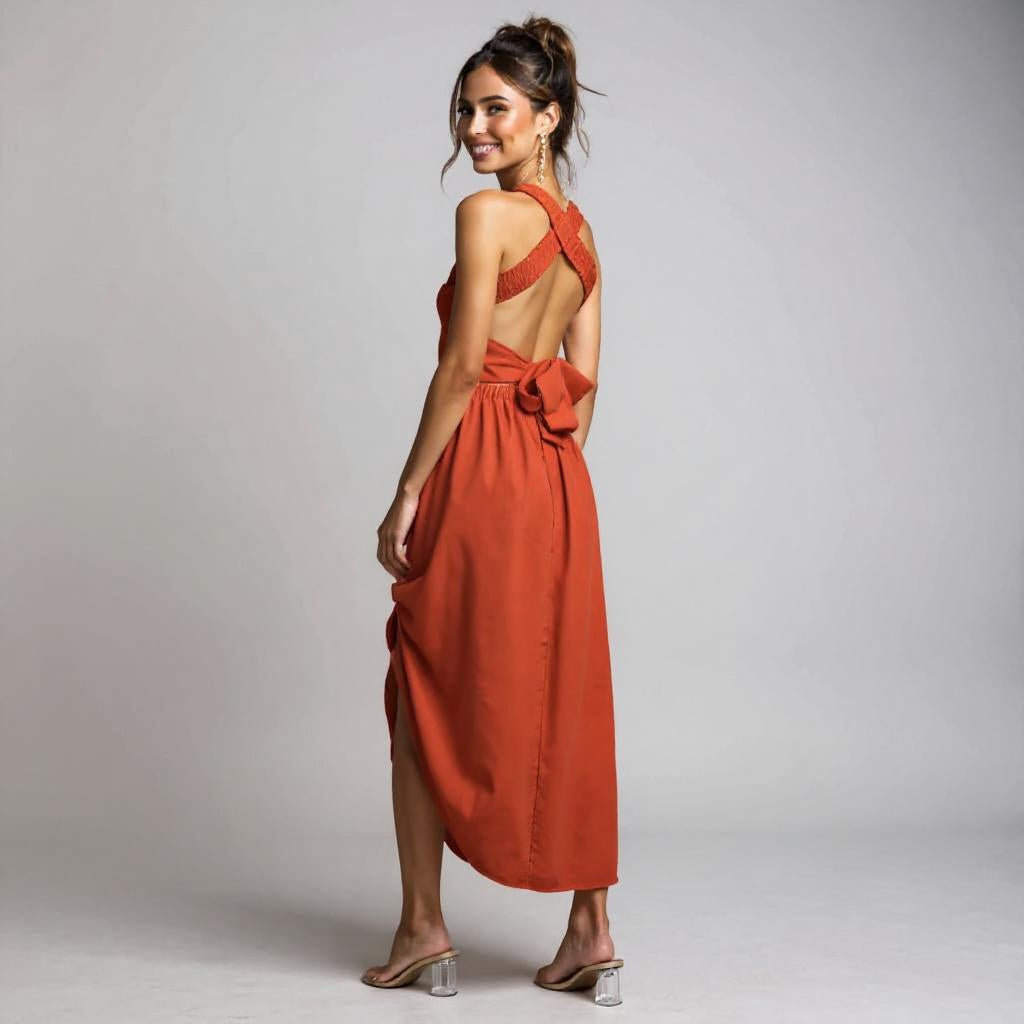 Frau trägt elegantes rotes Midikleid mit Smok-Oberteil, breiten Trägern und A-Linien-Rock, kombiniert mit beigen Sandaletten – Sommerkleid für Damen