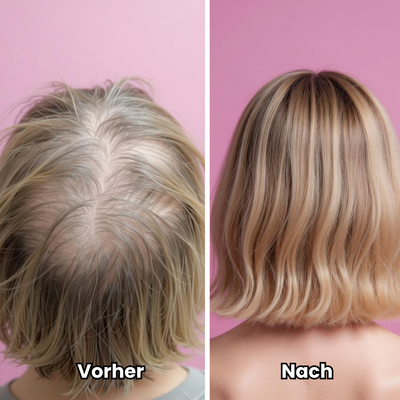Vorher-Nachher-Vergleich bei Haarausfall: feines, lichter werdendes Haar vor der Behandlung und volles, gesundes Haar nach der Anwendung von Haarwachstumsöl
