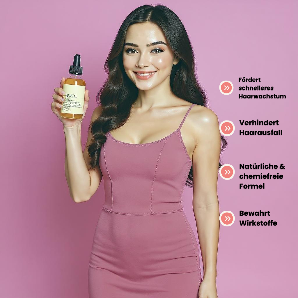 Frau im rosa Kleid hält Flasche EELHOE Haarwachstumsöl – fördert schnelleres Haarwachstum, verhindert Haarausfall, natürliche chemiefreie Formel, bewahrt Wirkstoffe