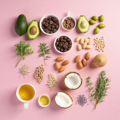 Natürliche Inhaltsstoffe für Haarpflege: Avocado, Kaffeebohnen, Mandeln, Kokosnuss, Oliven, Rosmarin, Lavendel, Kräuter und Pflanzenöle auf rosa Hintergrund