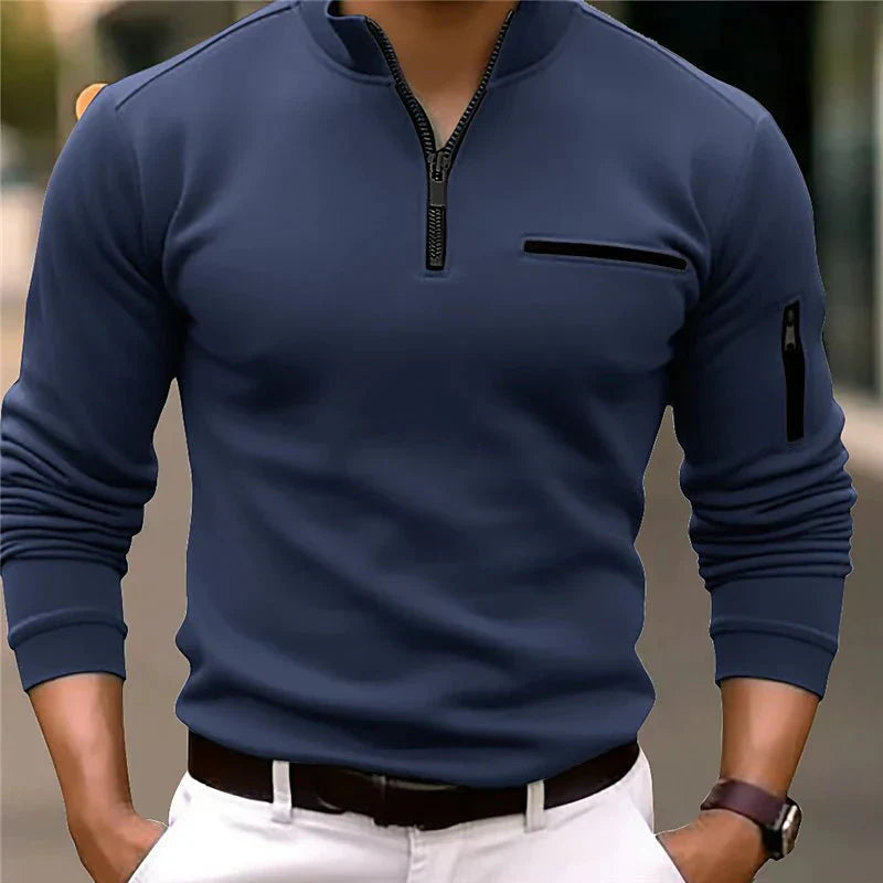 Herren Pullover mit Reißverschluss in Dunkelblau, langärmliger Slim Fit Sweater mit Stehkragen und Brusttasche, modischer Freizeitpullover