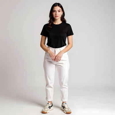 Frau trägt schwarzes T-Shirt, weiße Jeans und Onitsuka Tiger Sneaker aus beigem Wildleder mit schwarzen Streifen – moderner Streetwear-Look für Damen