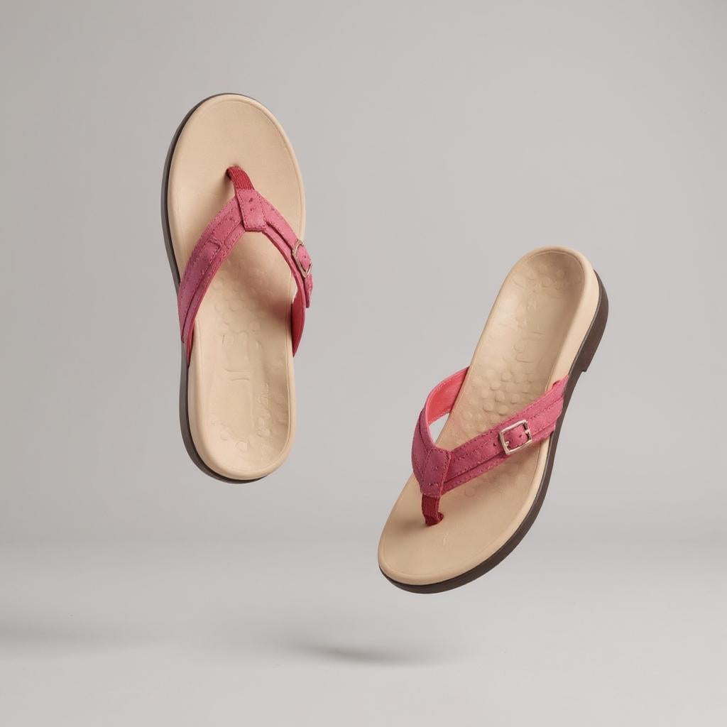 Ein Paar rosafarbene Zehensandalen mit Schnalle, beigefarbenem Fußbett und brauner Sohle, schwebend vor grauem Hintergrund.
